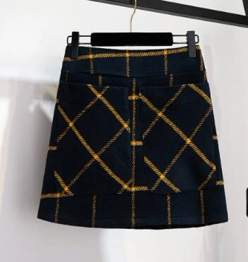 skirt Женские модные зимние вязаные простые тонкие свитера с высоким воротом Топы+ Клетчатые Шерстяные ткани с высокой талией Мини юбки костюмы из 2 предметов - Цвет: skirt