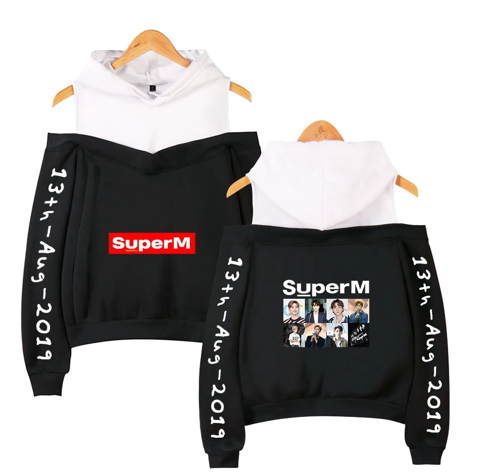 New Kroean Fashion K-POP SuperM BAEKHYUN KAI Mark LUCAS TEN Taeyong Kpop Hoodie Women Long Sleeve Off Shoulder Sweatshirt | Женская