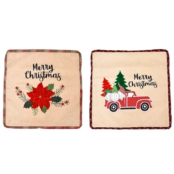 

2 Pcs Red Car with Christmas Flower Linen Home Decor Pillowcase Throw Pillow Cushion Cover