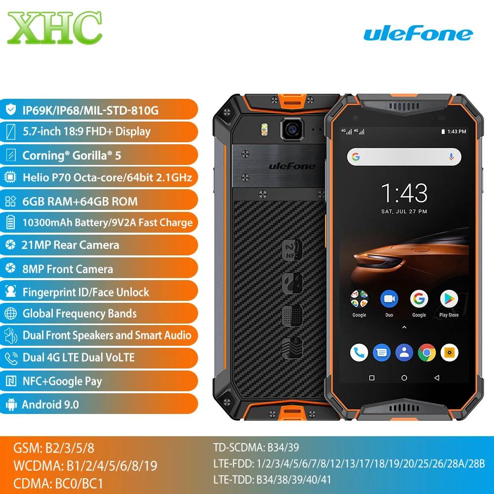 Ulefone Armor 3W 5 7 ''мобильный телефон Android 9 0 6 ГБ 64 Гб разблокировка отпечатков