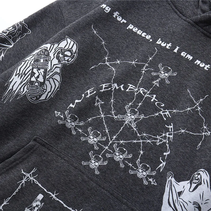  2019 Hip Hop Hoodie Sweatshirt Men Streetwear Skull Graffiti Print Hoodie Pullover Cotton Autumn Gr