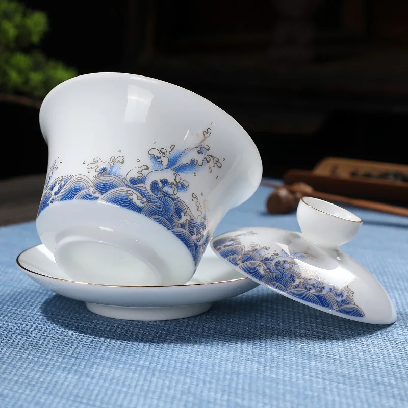 Китайский чайный набор Gaiwan, бытовой чайник, керамическая сансай чайная чаша, расширенный золотой край, чайная чашка, блюдце, чайная чашка Цзиндэчжэнь