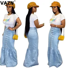 VAZN BN9212 Топ дизайн Осенняя Сексуальная женская светло-голубая длинная джинсовая юбка много биттонов летит Высокая талия оборки юбка турмпет юбки