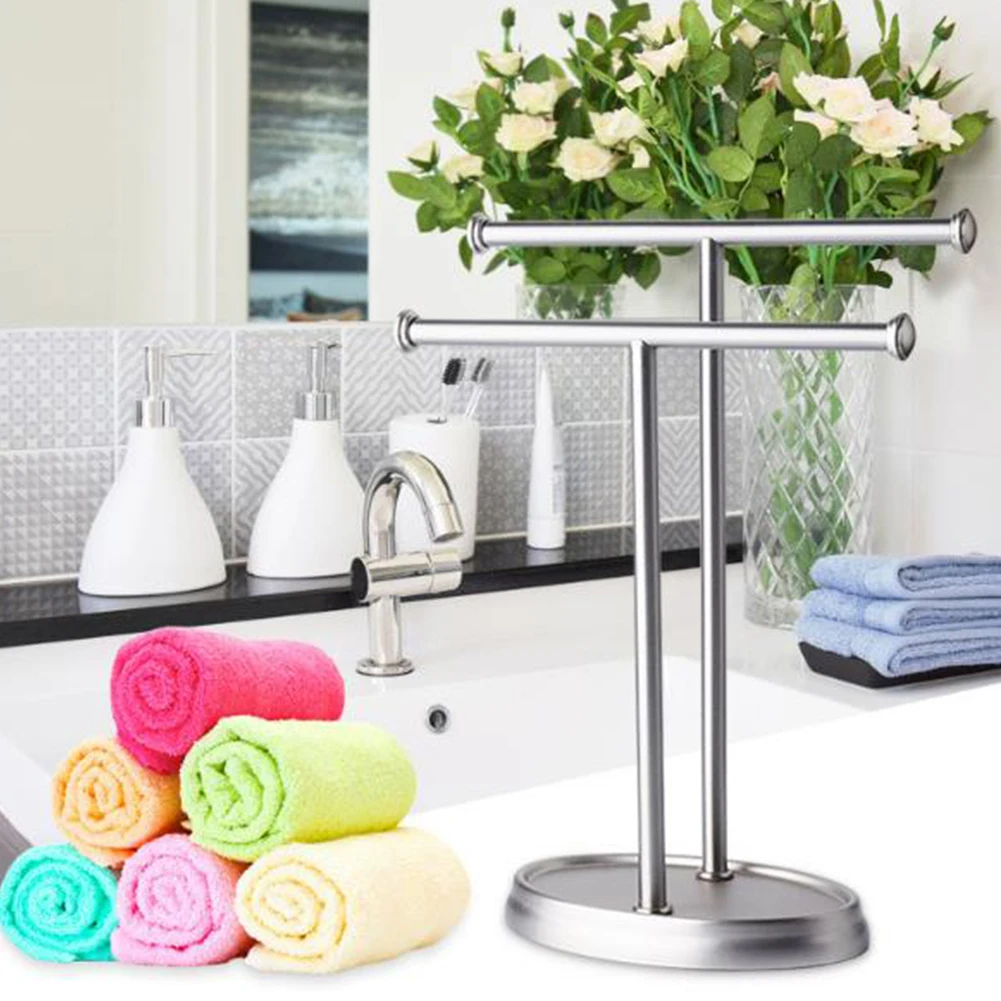 

Easy Clean Solid Storage Rack Stainless Steel Bathroom Punch Free Double Layer Space Saving Floor Standing Towel Stand Durable