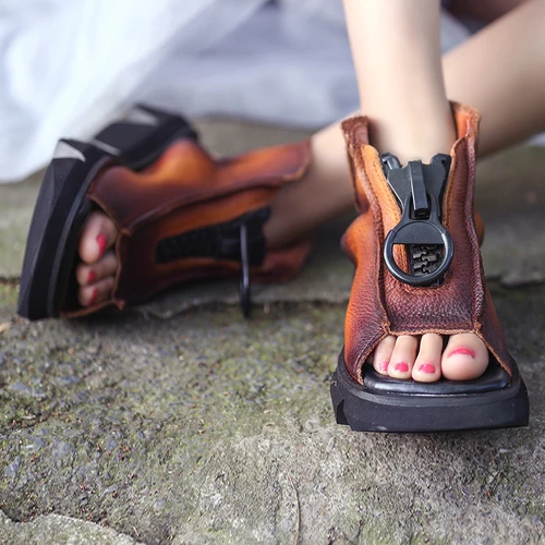 Женские кожаные сандалии; кроссовки на танкетке; летние сандалии в стиле ретро; женские сандалии ручной работы из натуральной кожи; черные повседневные ботинки - Цвет: Brown