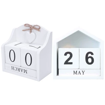 

Diy Wood Block Perpetual Calendar Desk Figurines Calendar White & Vintage Design House Shape Perpetual Calendar