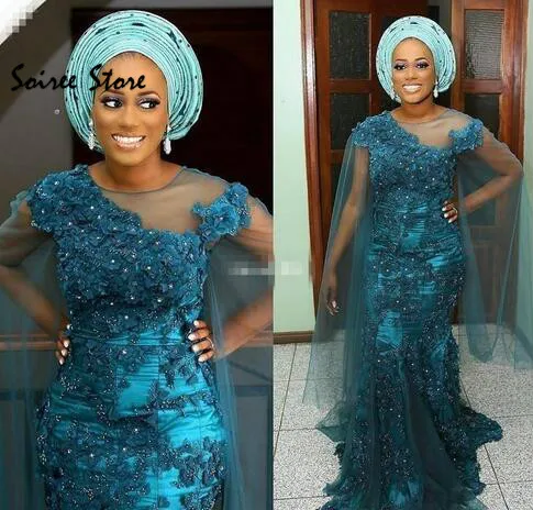 

Teal Blue African Mermaid Prom Dresses With Florals O Neck Floor Length Long Formal Evening Dress 2020 Zipper Back Beaded Party
