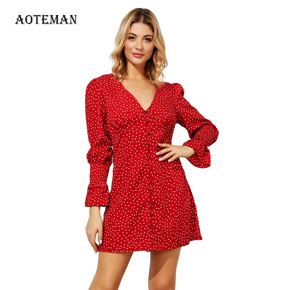Spring Summer Dress Women 2020 Sexy Elegant V Neck Slim A Line Dot Short Female Vintage Casual Office Party Dresses Red | Женская одежда