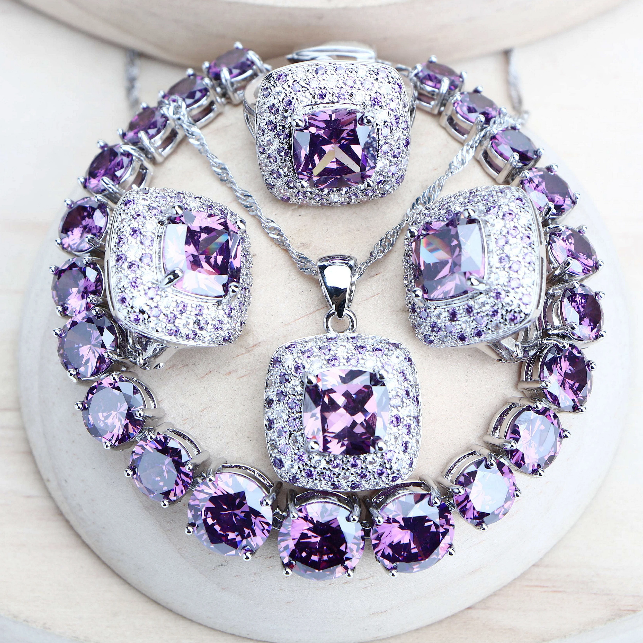 Jewelry Set Purple Zirconia Women Bridal Silver 925 Fine Costume Jewellery Wedding Earrings Rings Bracelets Pendant Necklace