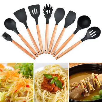 

9Pcs Silicone Cooking Tools Kitchen Utensils Set Bamboo Handles Cooking Tool None Kitchen Gadgets Nonstick Cookware