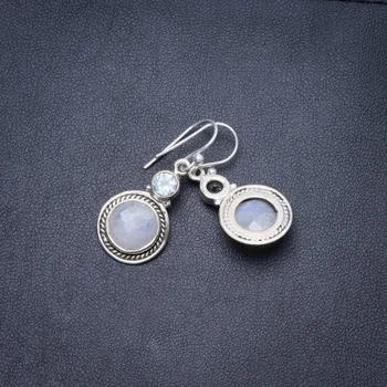 

Natural Rainbow Moonstone and Blue Topaz Handmade Unique 925 Sterling Silver Earrings 1.25" Y3327