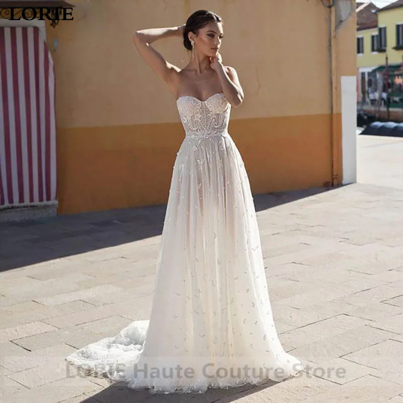 Лори Кружева Линия свадебное платье Vestidos de novia возлюбленной шеи кружева сексуальные свадебные платья элегантные свадебные платья без спинки