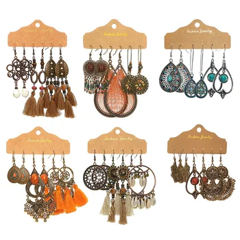 Boho-여성을 위한 빅 라운드 쉘 술 드롭 귀걸이 세트, 빈티지 윤리적 기하학 워터 드롭 모양의 직조 여러 가지 빛깔의 금속 귀걸이