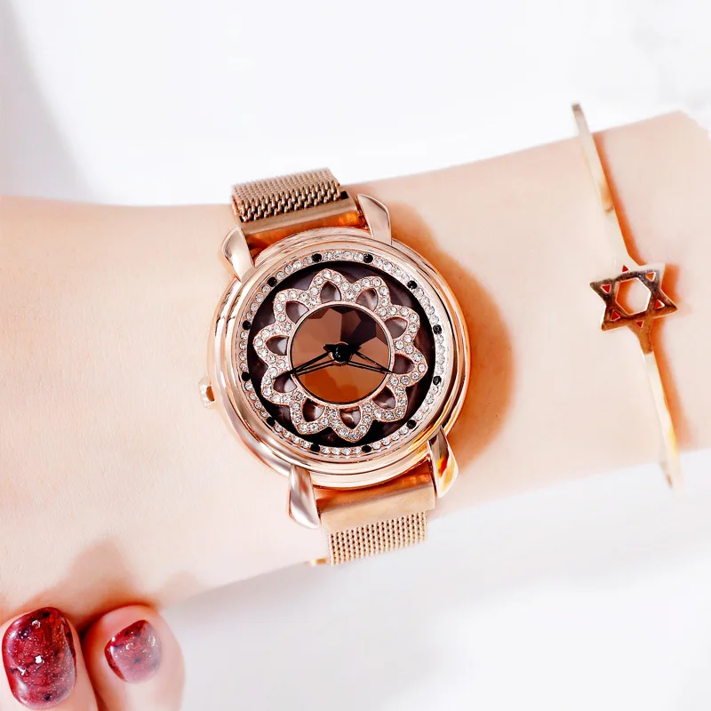

Fashion Women Coffee Watches Magnet Clasp Rotation Ladies Dress Watch Steel Big Dial Bracelet Watch Crystal Watch zegarek damski