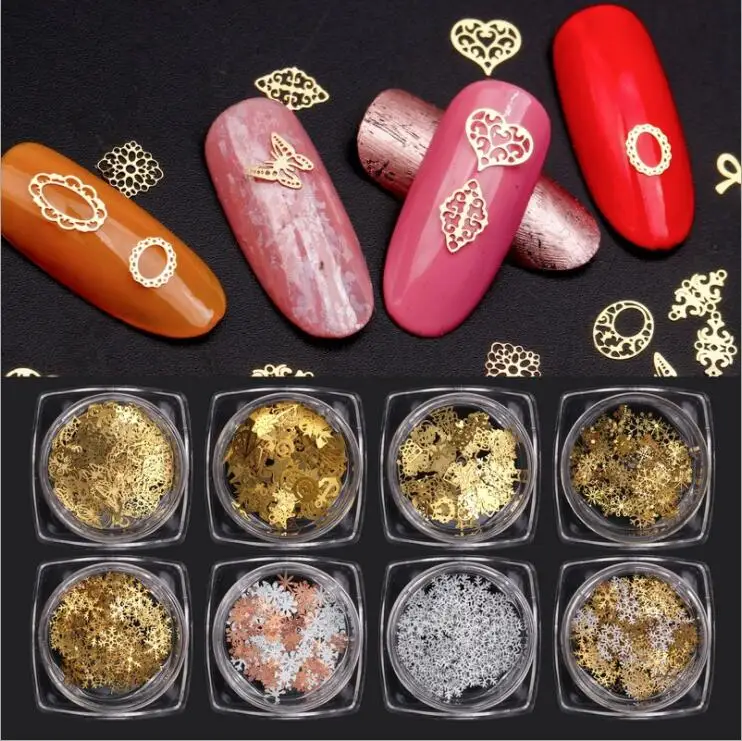 

1 Box 3D Gold Hollow Nail Art Pillette Decorations Snowflake Star Mixed Design Glitter Nail Charms Manicure