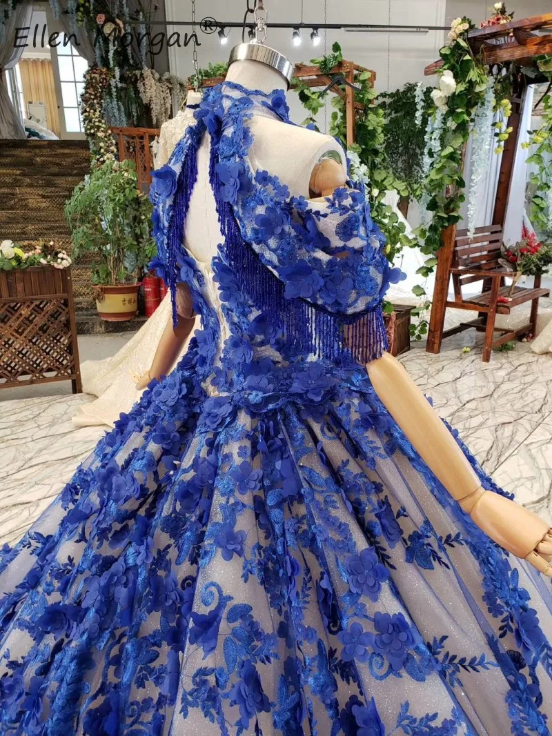 Robe De Moiree, королевский синий бальный наряд для женщин,, съемные, высокая горловина, 3D Цветы, чапле, поезд, формальные, арабские вечерние платья