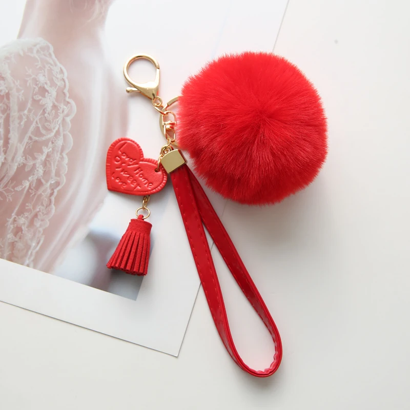 New Fluffy Rabbit Fur Ball Key Chain With Leather Heart Tassel Pompom Key Ring Holder for Women Bag Car Jewelry Pendant GL003