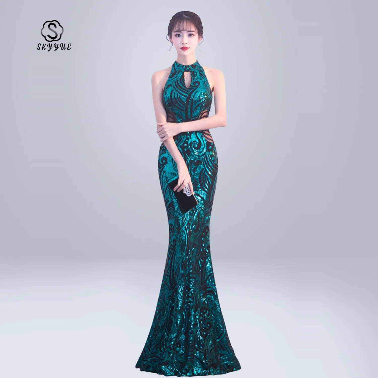 

Skyyue 2019 High Collar Sleeveless Elegant Evening Dress Robe De Soiree Sexy Hollow Sequin Women Party Dresses Formal Gowns C155