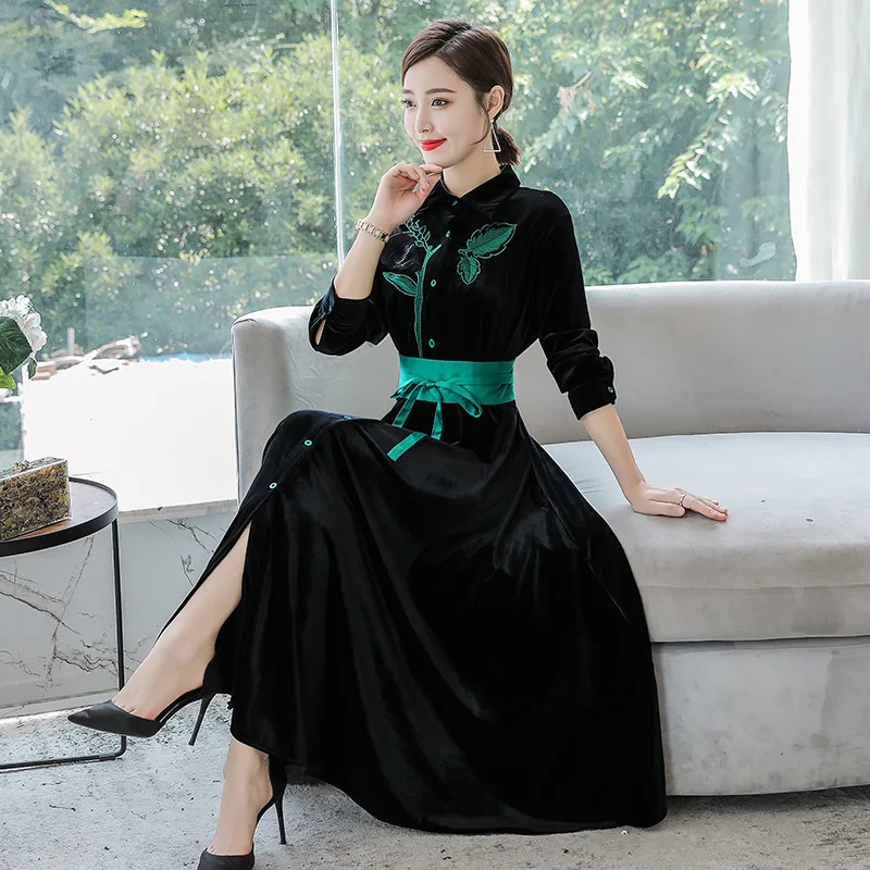 

2019 Autumn New Style Large Size Chinese-style Women's Mid-length Stand Collar Long Sleeve Trench Coat Coat Retro Embroided Dres