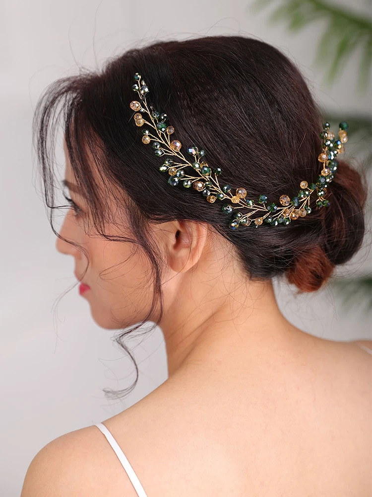 Bridal Headwear tiaras Wedding Bohemian Hair comb Green Headpiece Handmade Bride to be head jewelry Crystal Headbands for women