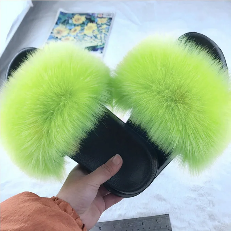 Zapatillas de piel sintética para mujer, calzado Sexy esponjoso y peludo, zapatos planos para interiores y exteriores, sandalias informales, envío directo