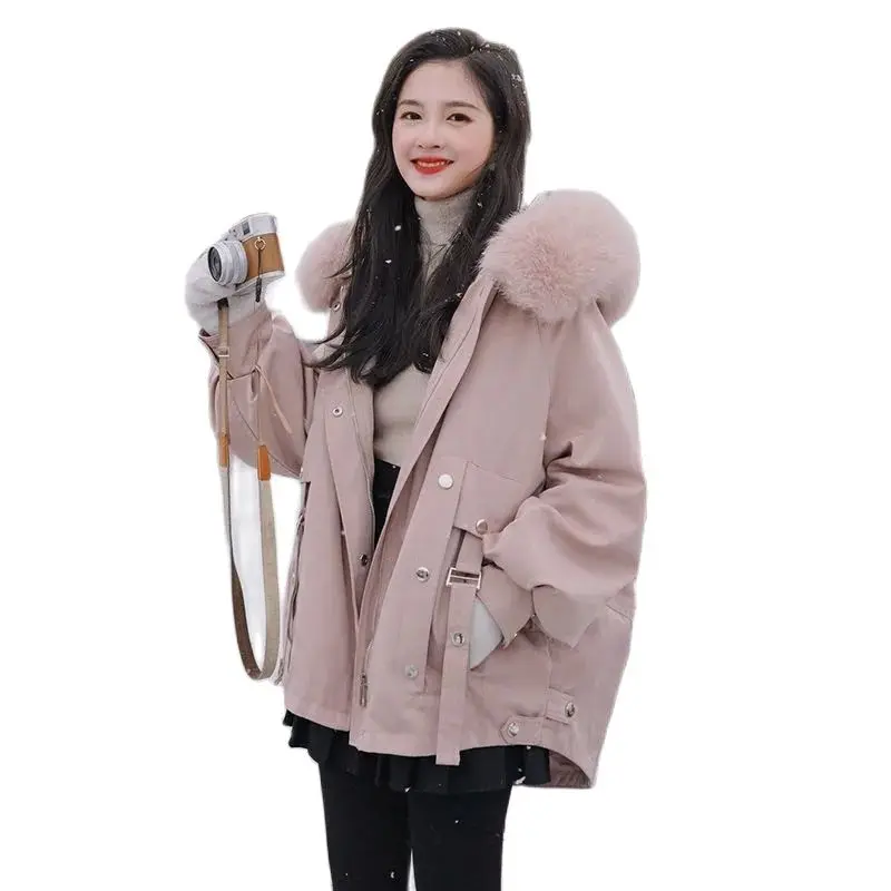 Pink Parker Cotton Clothes Padded Jacket Women Winter 2023 Explosive Padded Coat Mid-length Wild Loose Tooling Thick Coat 21 lamb wool coat women winter pink leopard padded jacket korean new loose plus velvet thick retro light up the street coat cool