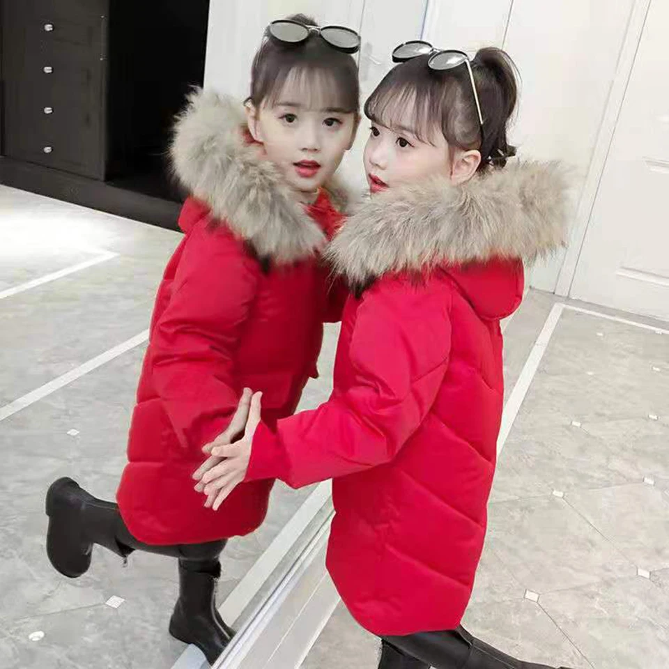 Russia Autumn Winter Girls Down Cotton Parkas Children Clothes Thickening Warm Fur Hooded Outerwear Coats Kids Age For 4-13