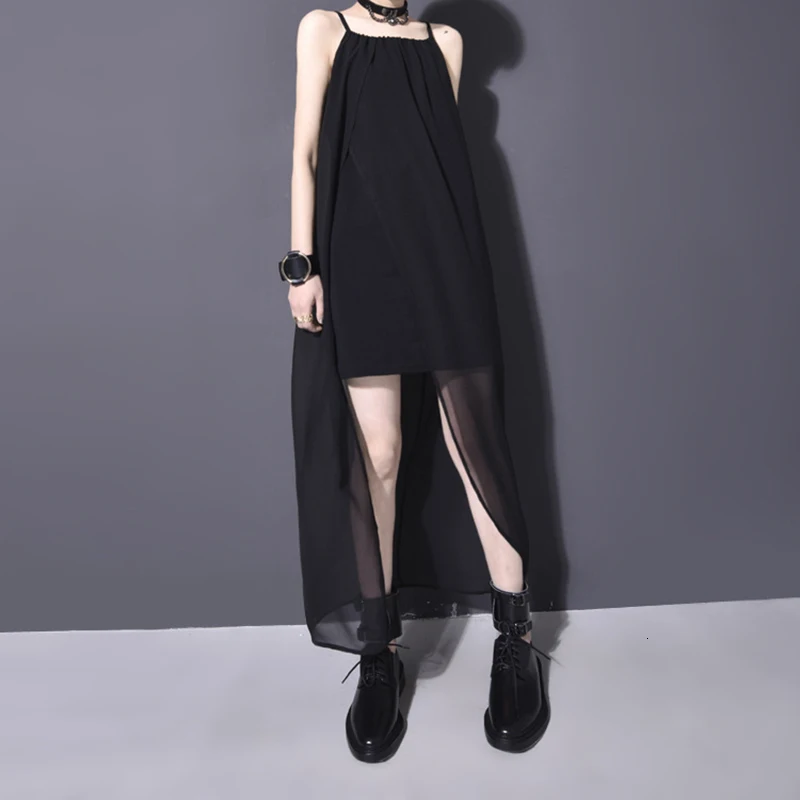 [EAM] Новое весенне-летнее черное Свободное длинное шифоновое платье с тонкими бретельками JR711