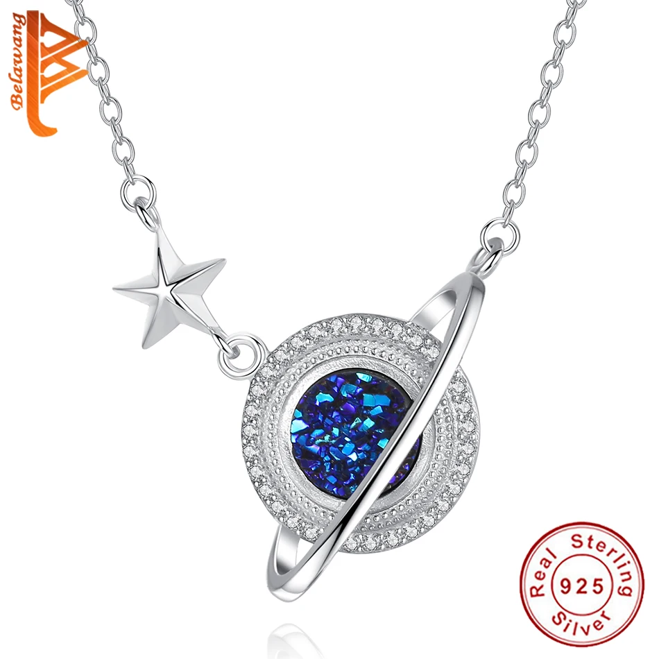 

Romantic Real 925 Sterling Silver Star Blue Planet Necklace for Women Mom Birthday Anniversary Sparkling Crystal Jewelry Gift