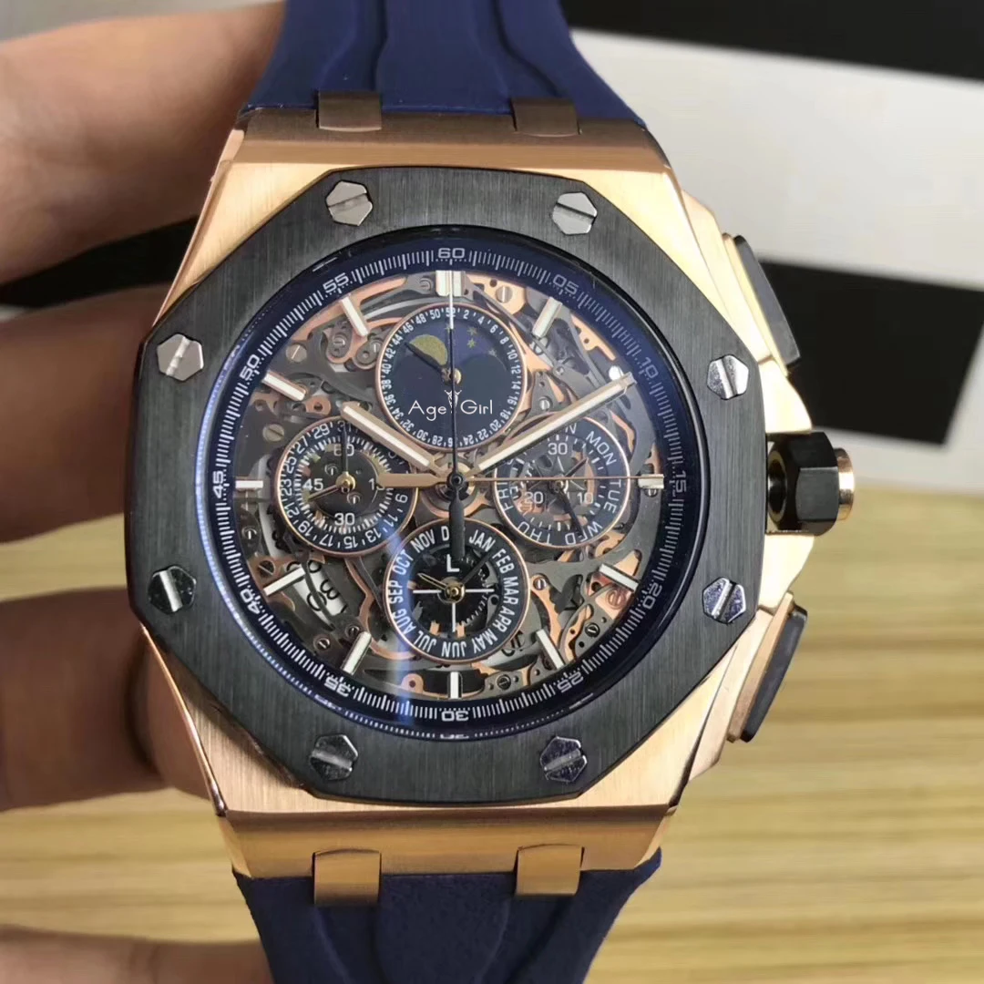 

Luxury Brand New Men Quartz Chronograph Sapphire Stainless Steel Rose Gold Black Bezel Moonphase Blue Rubber Luminous Watches