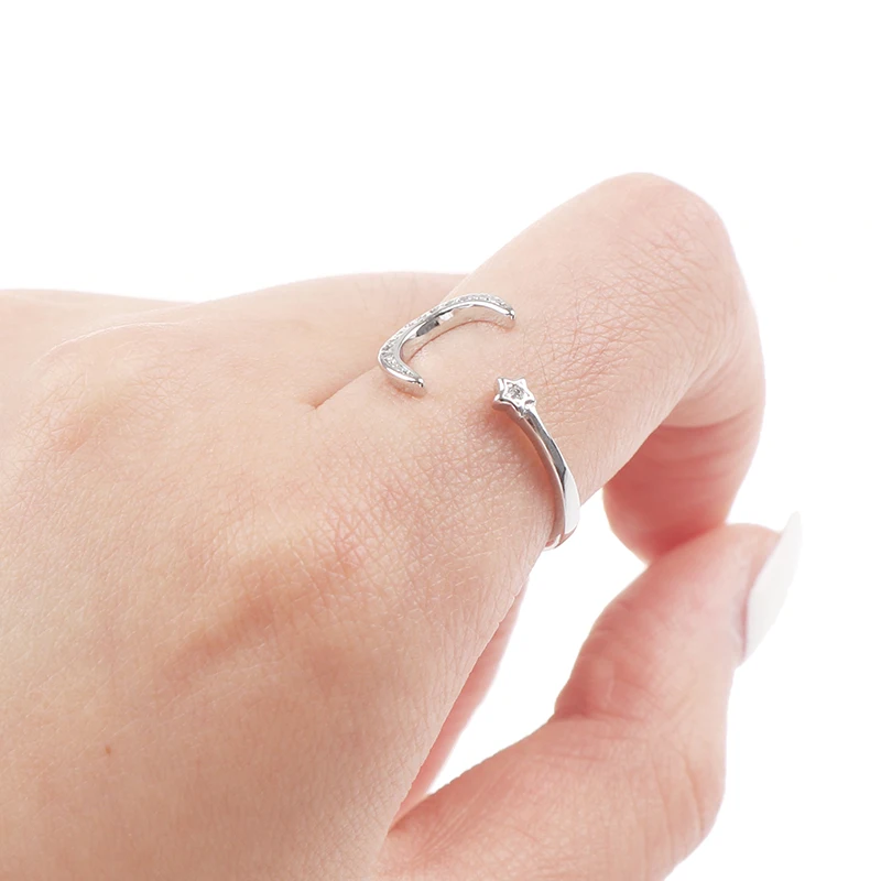 1Pcs 925 Sterling Silver Minimalist Zircon Moon Star Opening Ring For Charming Women Party Fine Jewelry Cute Gift