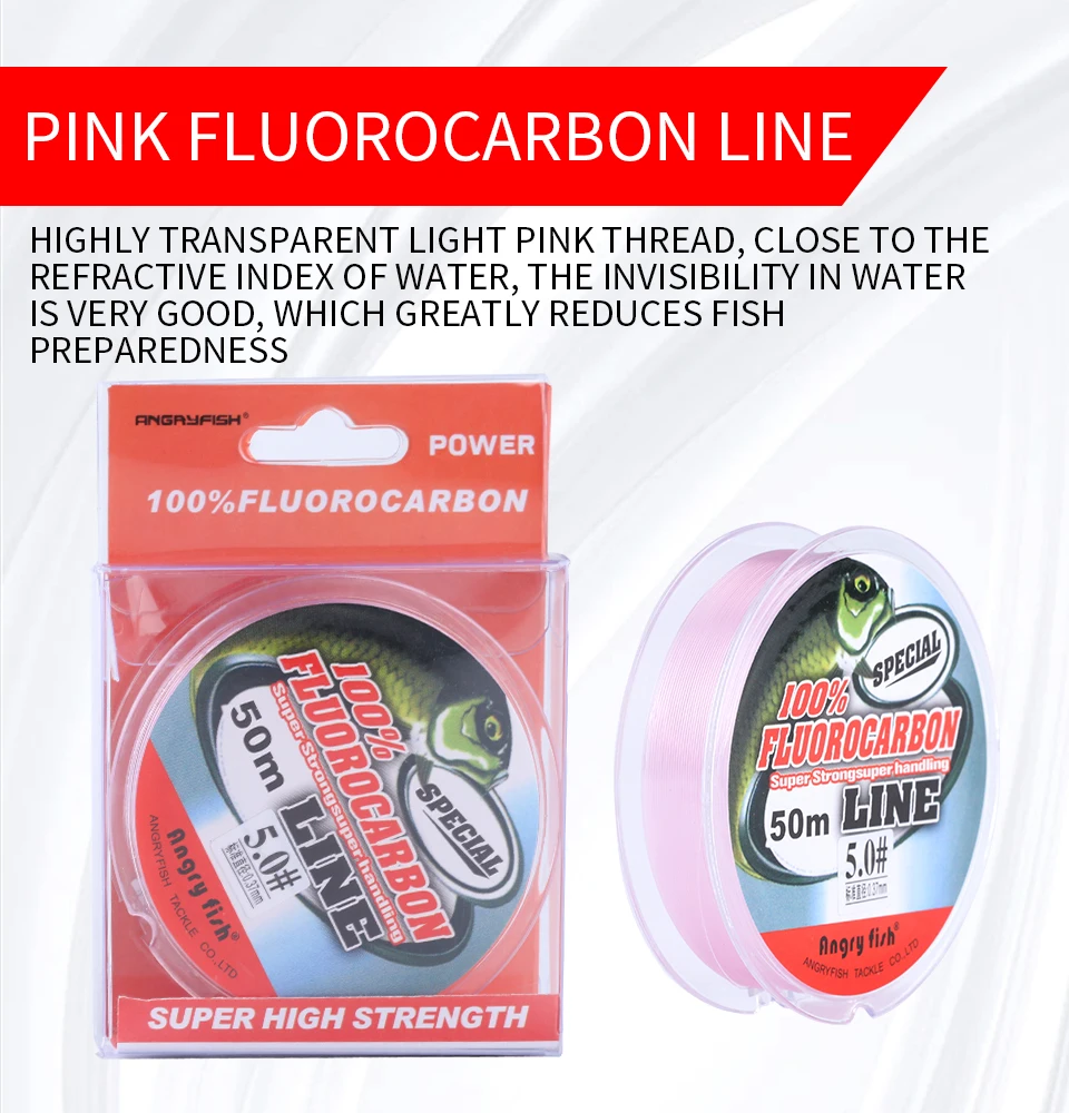 Angryfish Fluorocarbon Fishing Line 50m Transparent/Pink Super strong  Carbon Fiber Leader Line