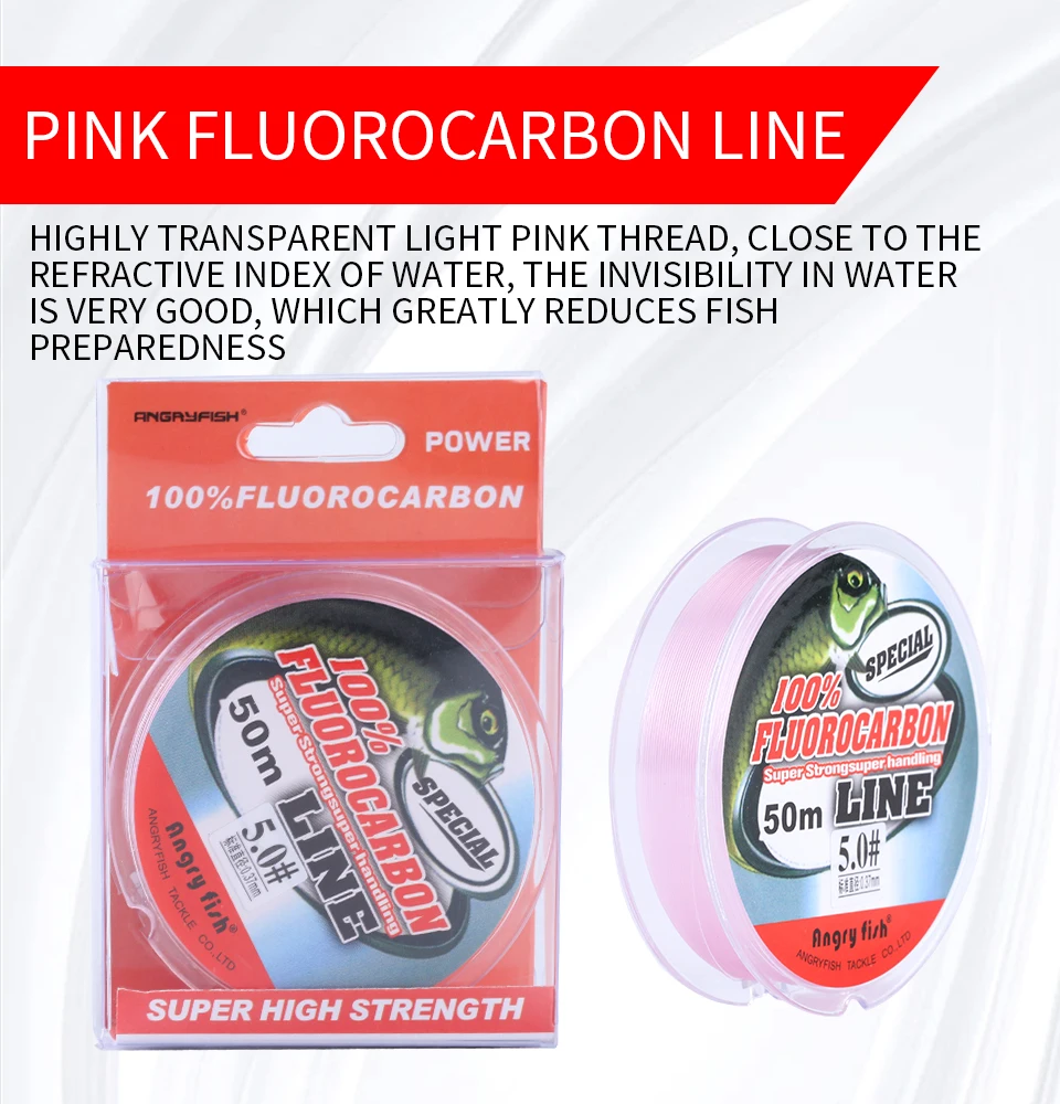 Angryfish Fluorocarbon Fishing Line 50m Transparent/Pink Super strong Carbon Fiber Leader Line 2