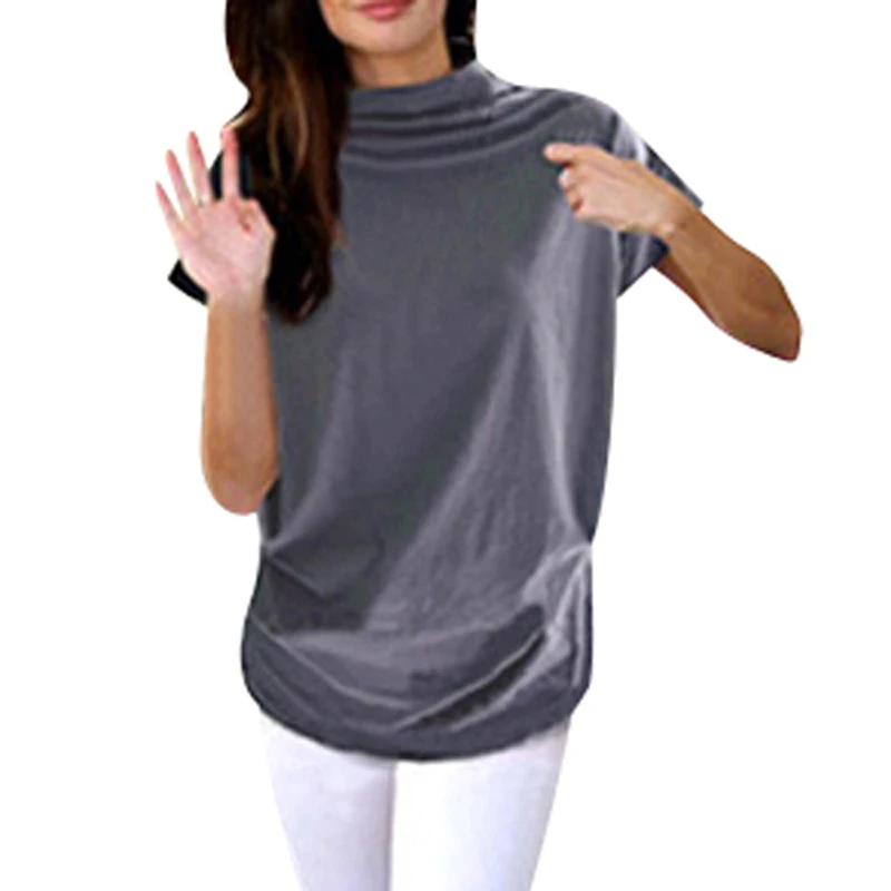 

T Shirt Women Turtleneck Short Sleeve Cotton shirts Solid Casual Top Plus Size Women Summer Female T-shirts AEHQ038
