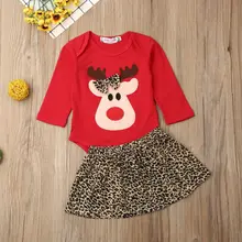 CANIS/ г. Осенне-зимняя Рождественская одежда для маленьких девочек из 2 предметов комбинезон с бантом и оленем леопардовая юбка