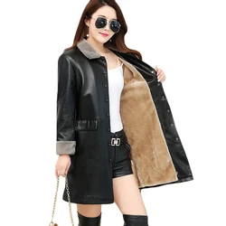 Winter Plus velvet Thick Warm PU leather Jacket Women Long Bomber Jackets Plus size Womens Motorcycle Leather Jackets 5XL F1088