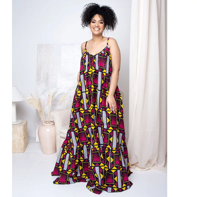 Loose African Maxi Dress Women 4XL Plus Size Spaghetti Strap Boubou Summer New Print Ruffle Patchwork African Beach Maxi Dresses african fashion style
