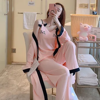 

Pajamas For Women Three Pieces Pajamas Set Sexy Robe Long Sleeved Sleepwear Pant+Robe+Sling Cotton Print Female Pink Home Wear
