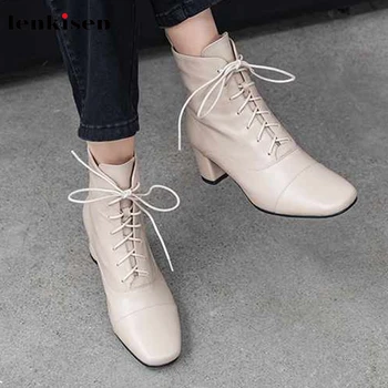 

Lenkisen Korean beauty lady genuine leather square toe high heels fashion lace up solid winter keep warm women ankle boots L6a