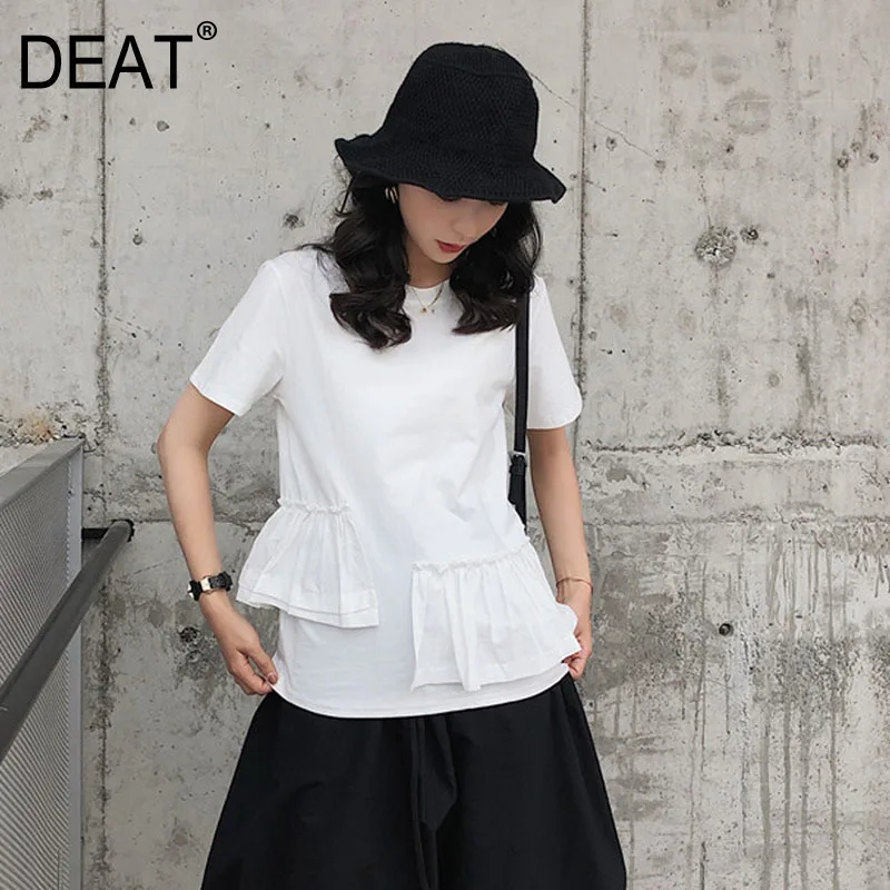 

[DEAT] 2019 New Spring Summer Round Neck Short Sleeve Pleated Spliced Irregular Personality T-shirt Women Fashion Tide JZ362