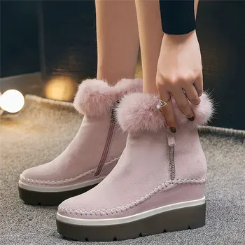 

Rabbit Fur Punk Trainers Women Cow Leather Wedges High Heel Ankle Boots Winter Warm Platform Pumps Shoes Round Toe Goth Sneakers