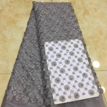 

2019 grey Latest French Nigerian Laces Fabrics High Quality African beads Laces Fabric Wedding Glued glitter sequins Tulle Lace