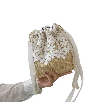 

Straw Lace Messenger Bag Bucket Bag For Women Bohemian Crossbody Drawstring Bag Sweet Women Handbag Fashion Khaki White Handbag