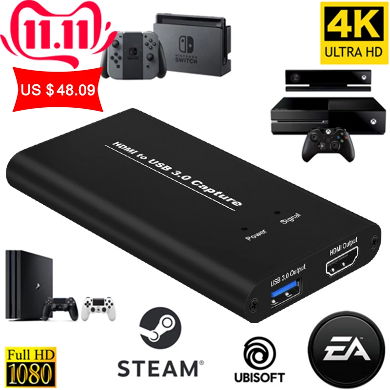 KuWFi USB3.0 HDMI 4K60Hz Video Capture HDMI to USB Video Capture Card Dongle Game Streaming Live Stream Broadcast with MICinput