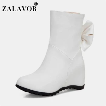 

ZALAVOR Women Pu Leather Wedges Mid Calf Boots Winter Warm Bowknot High Heels Party Shoes Woman Botas Footwear Size 33-43