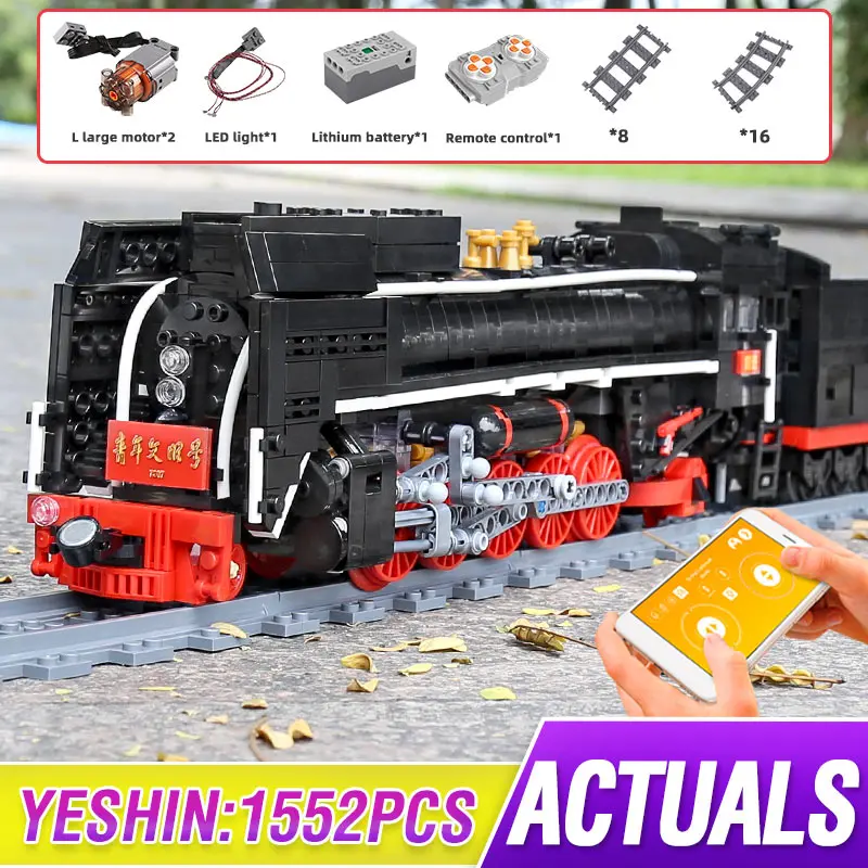 

Power Function Motor Technic QJ Class Steam Locomotive Electric Railway Train Building Blocks Bricks RC Toys for Children