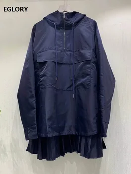 

2020 Autumn New Korean Style Dress Women Hooded Pleated Patchwork Long Sleeve Straight Casual Loose Dark Blue Army Green Dress