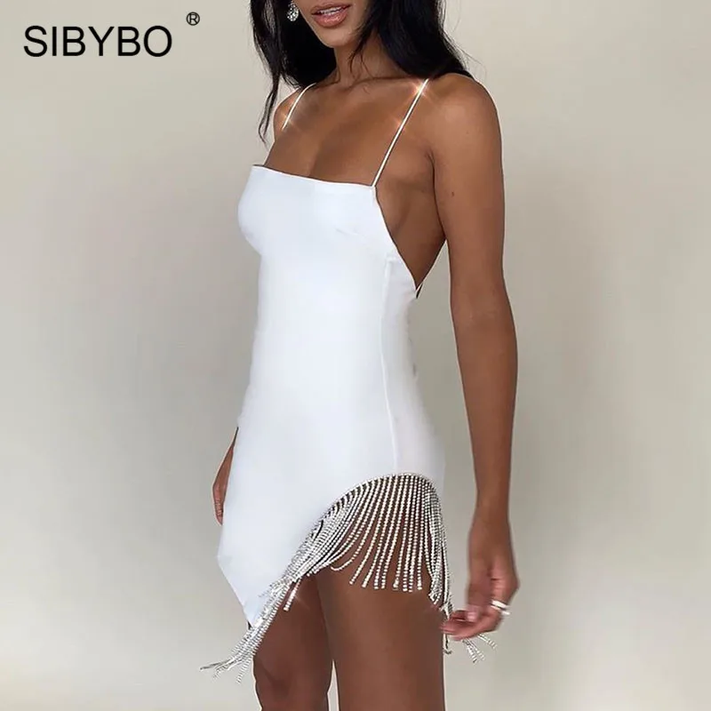 SIBYBO бриллианты сплайсированные Мини Вечерние платья для женщин Спагетти ремень без бретелек сексуальное облегающее платье Твердые спинки ночной клуб платье