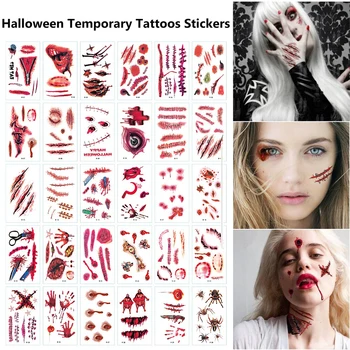 

30pcs/set Halloween Temporary Tattoos Stickers Horror Scars Makeup Props Art Tattoo Stickers Wound Scary Blood Injury Sticker