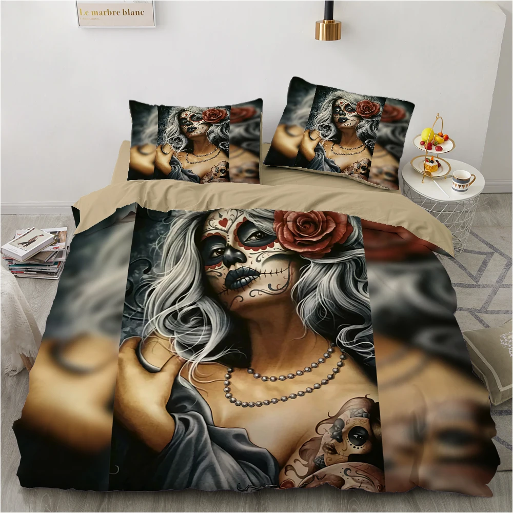 

Family sets Euro Bed linen set for home Bedding Set Blanket cover 150*200 200*220 size 2 sp Bed sheet 6pcs Skull Madam Retro
